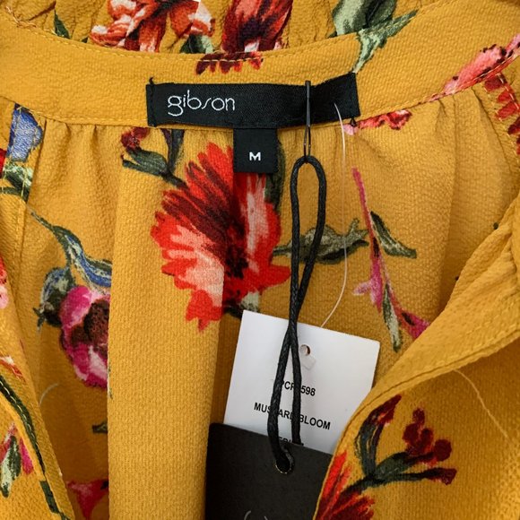 Gibson Nordstrom Floral Ruffle Tank Top Crepe Blouse Yellow Size Medium NEW - Picture 4 of 8